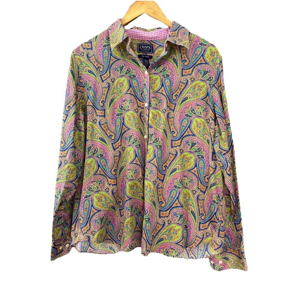 Chaps Button Up Cotton No Iron Shirt XL Colorful Paisley Preppy Artsy Dopamine